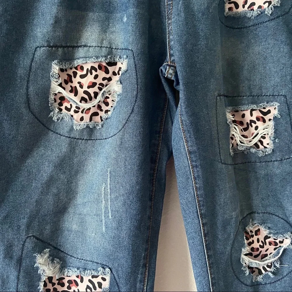 Distressed Leopard Patchwork Jeans High Waist Funky Pink Purple Stitching Medium - Picture 13 of 14